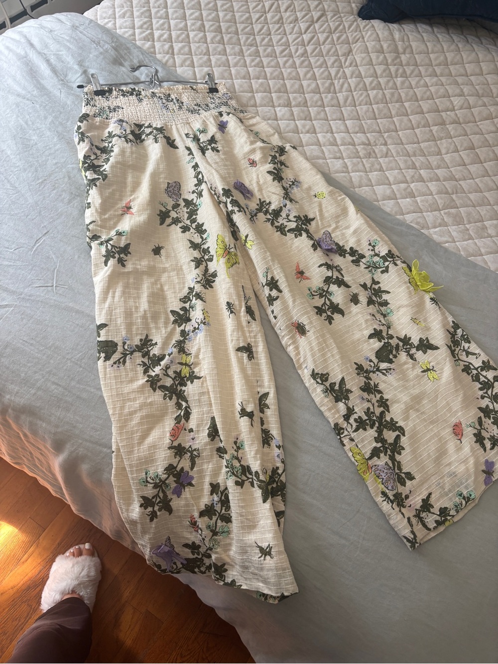 Anthropologie Cream Wide-Leg Floral Jumpsuit with Butterfly Accents